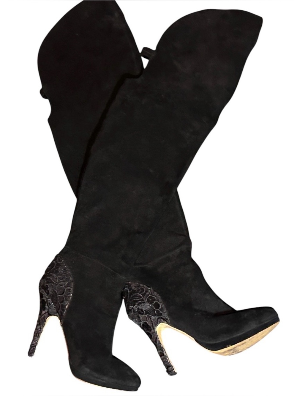 Betsy Johnson Thigh High Black Suede Boot with Lace Heel